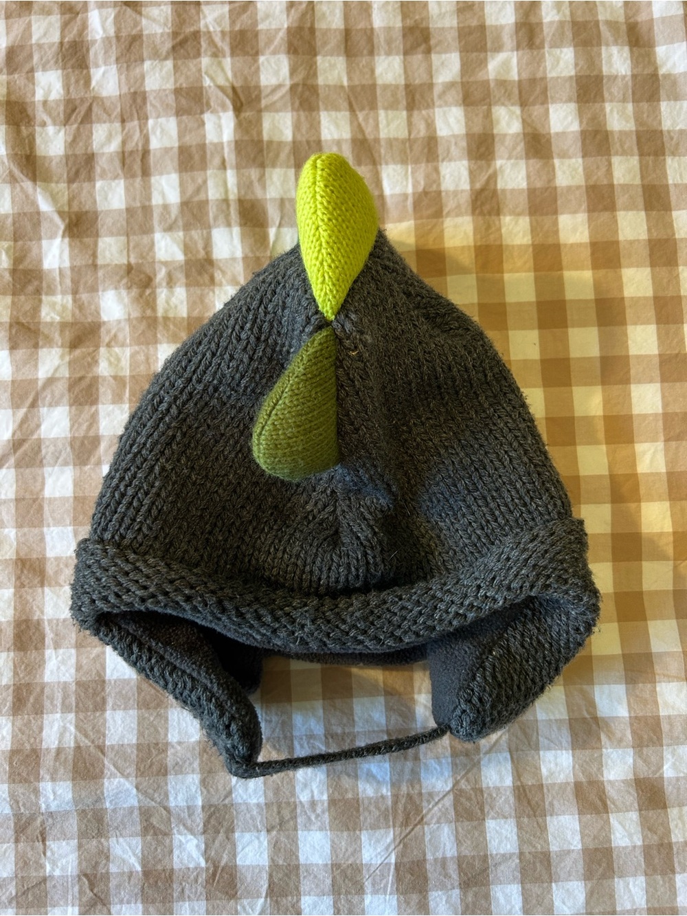 Kids Knit Dino Earflap Hat in Dark Gray with Lime Spikes